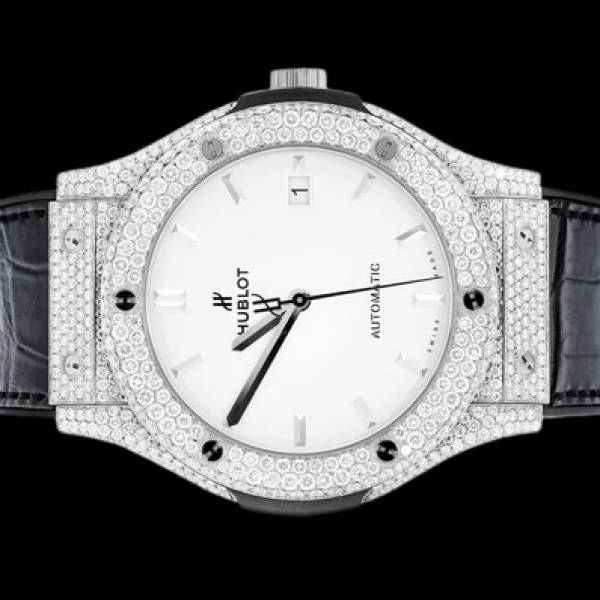 HUBLOT CLASSIC FUSION STEEL WHITE DIAL - FULLY ICED OUT 