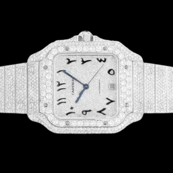 CARTIER SANTOS DE CARTIER STEEL 40MM (4072) - 20.50CTW FULLY ICED OUT CUSTOM HEBREW PAVE DIAL