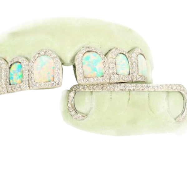 6 Top and 6 Bottom Opal & Diamond Prong Setting with Extended Diamond Bar Grillz